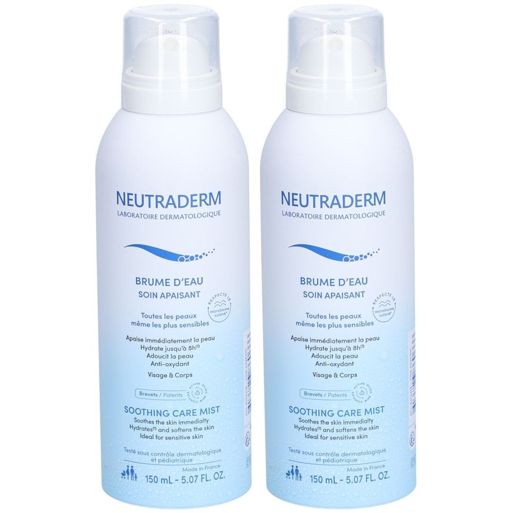 Deux flacons spray blancs avec étiquette bleue. Inscription: Neutraderm, Brume d'eau, soin apaisant. Contenance 150 ml.