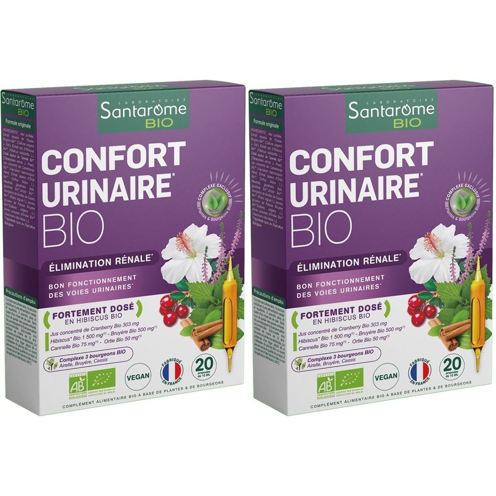 Deux boîtes de Santarome Bio Confort Urinaire Bio. Boîtes violettes avec nom du produit et illustrations florales.