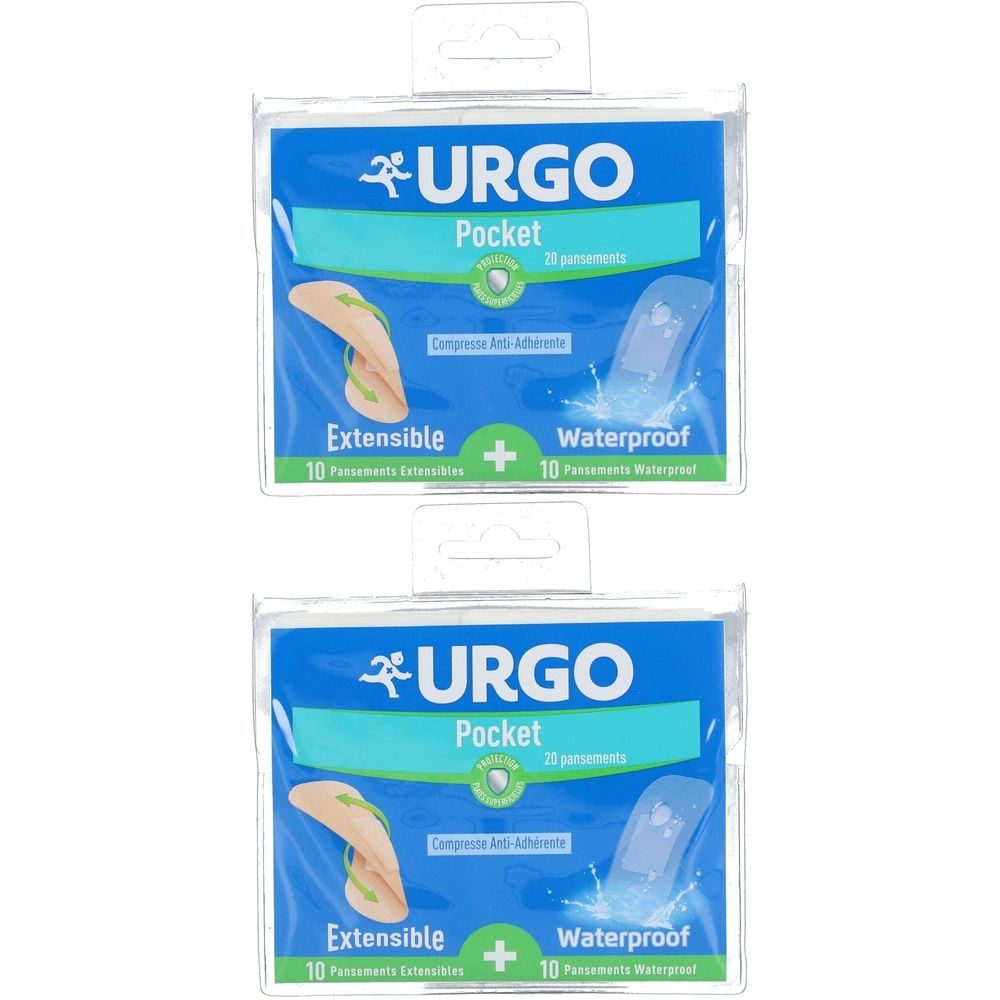 Deux paquets de pansements URGO Pocket. Emballage bleu avec nom du produit et caractéristiques : Extensible et Waterproof. 10 pièces.
