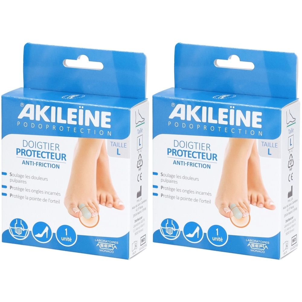 Deux boîtes de Akileine Doigtier protecteur taille L. Emballage bleu avec image et texte du produit. Marquage CE.