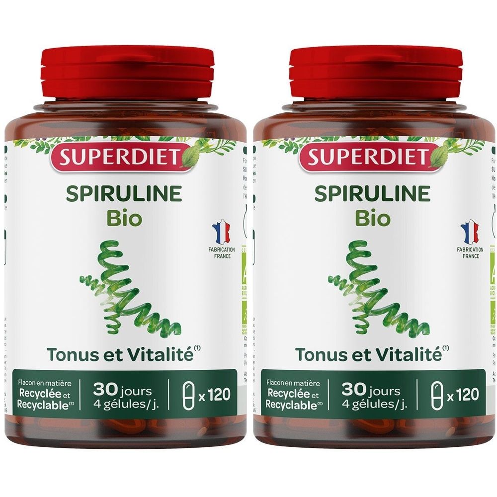 Deux flacons de SPIRULINE BIO. Flacons bruns avec couvercle rouge. Inscription: SUPERDIET, SPIRULINE Bio, Tonus et Vitalité. 120 gélules.