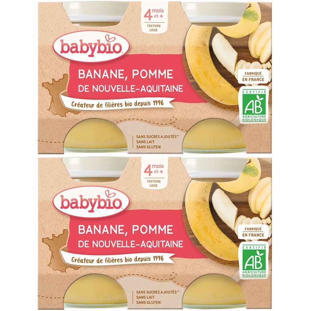 Emballage Babybio. Inscription: Banane, Pomme de Nouvelle-Aquitaine. Certification bio. Dès 4 mois. Fabriqué en France.