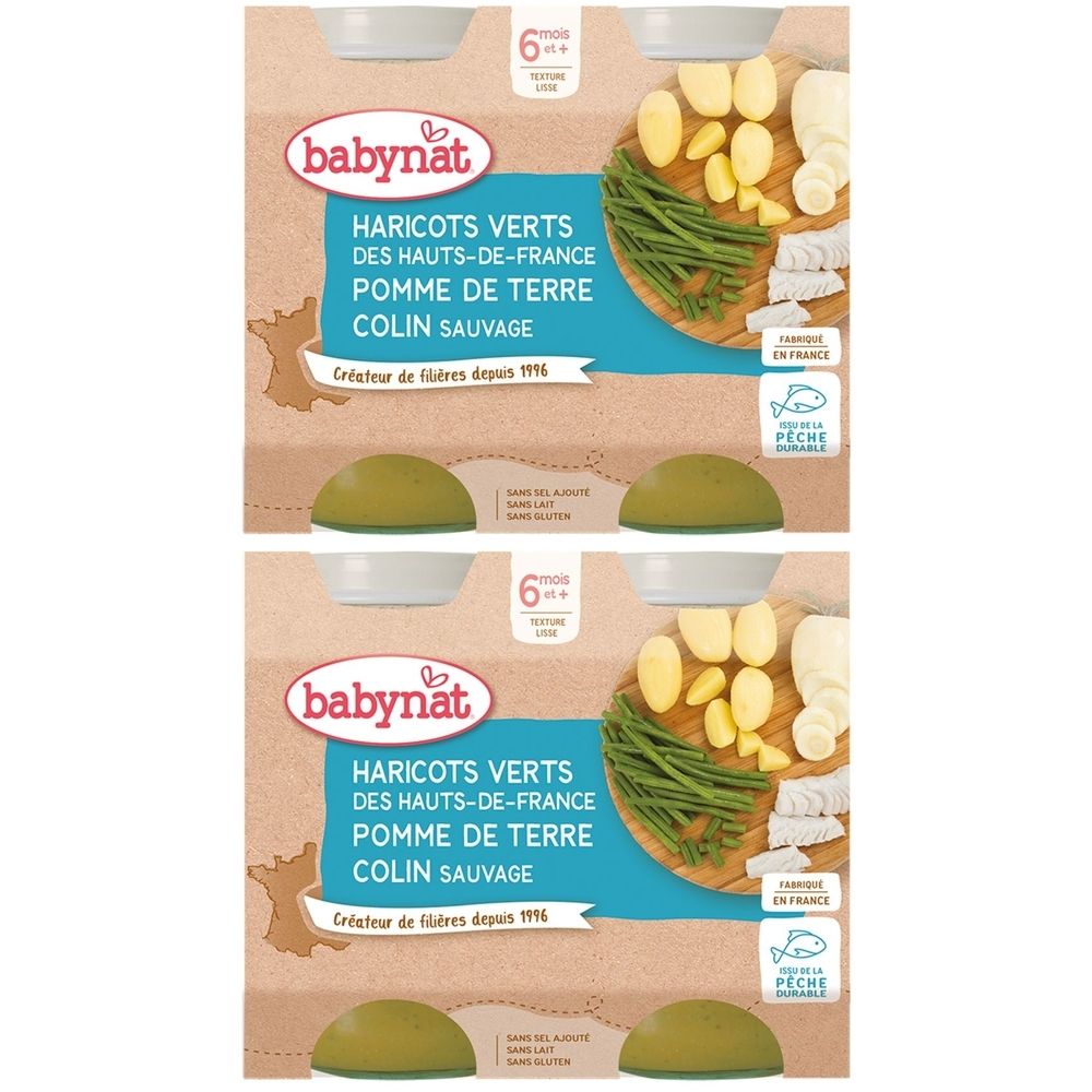 Deux emballages de nourriture pour bébé Babynat. Inscription : HARICOTS VERTS, POMME DE TERRE, COLIN SAUVAGE. Dès 6 mois.