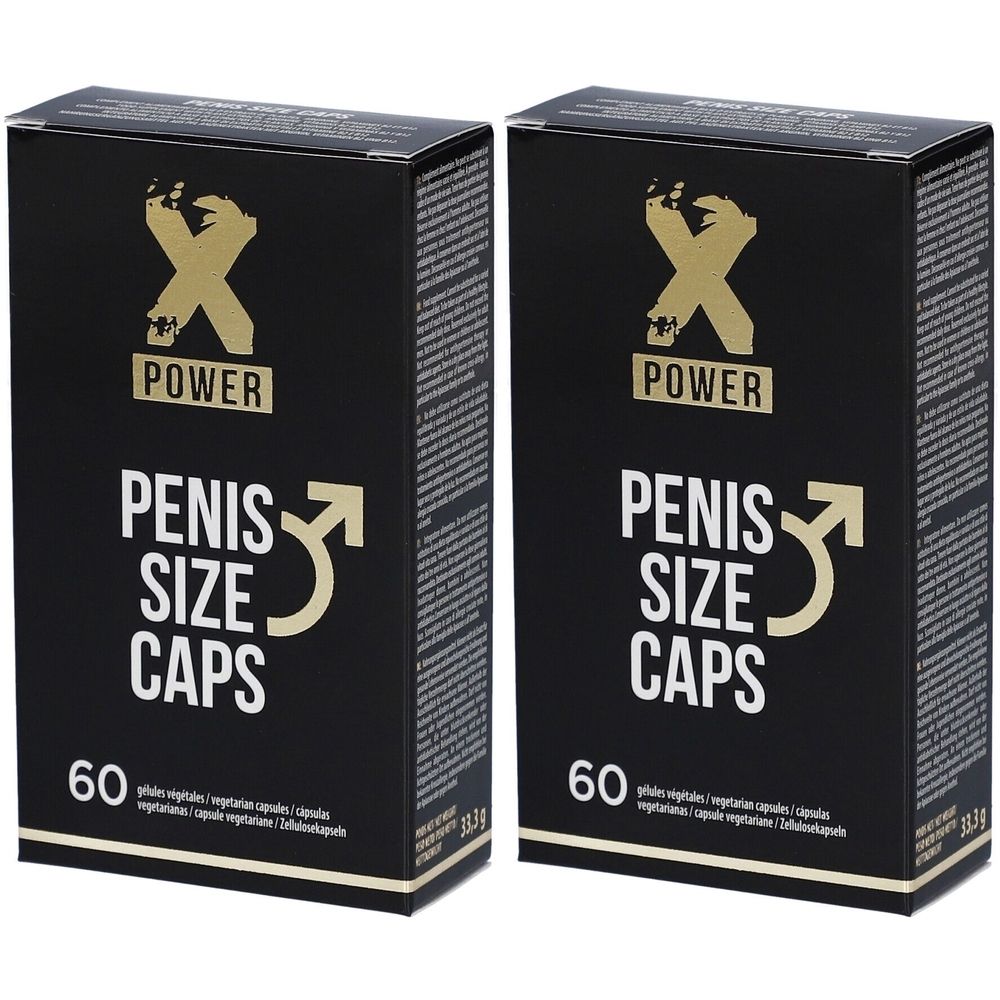 Deux boîtes noires avec le logo "X POWER" et l'inscription "PENIS SIZE CAPS". Chaque boîte contient 60 gélules.