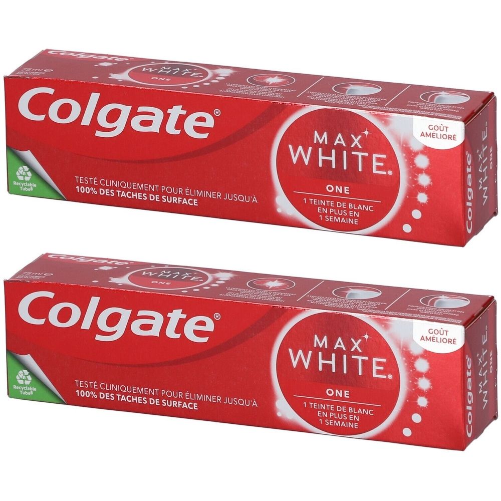 Deux boîtes de dentifrice Colgate® Max White One rouges. Texte : « 100% des taches de surface ». Cercle blanc avec texte.