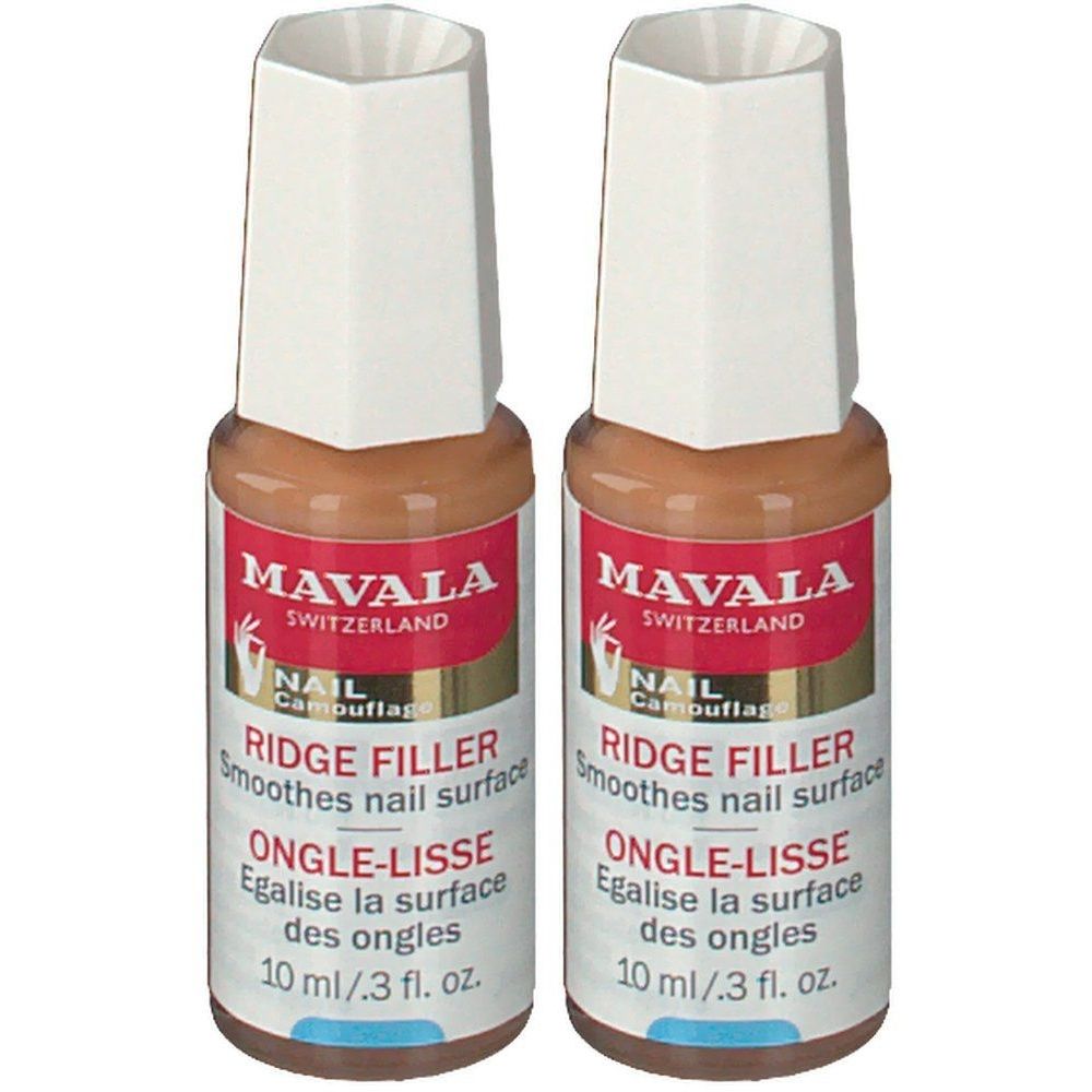 Deux flacons de Mavala Ongle-Lisse. Liquide beige dans des flacons en verre avec bouchon blanc. Étiquette rouge avec texte.