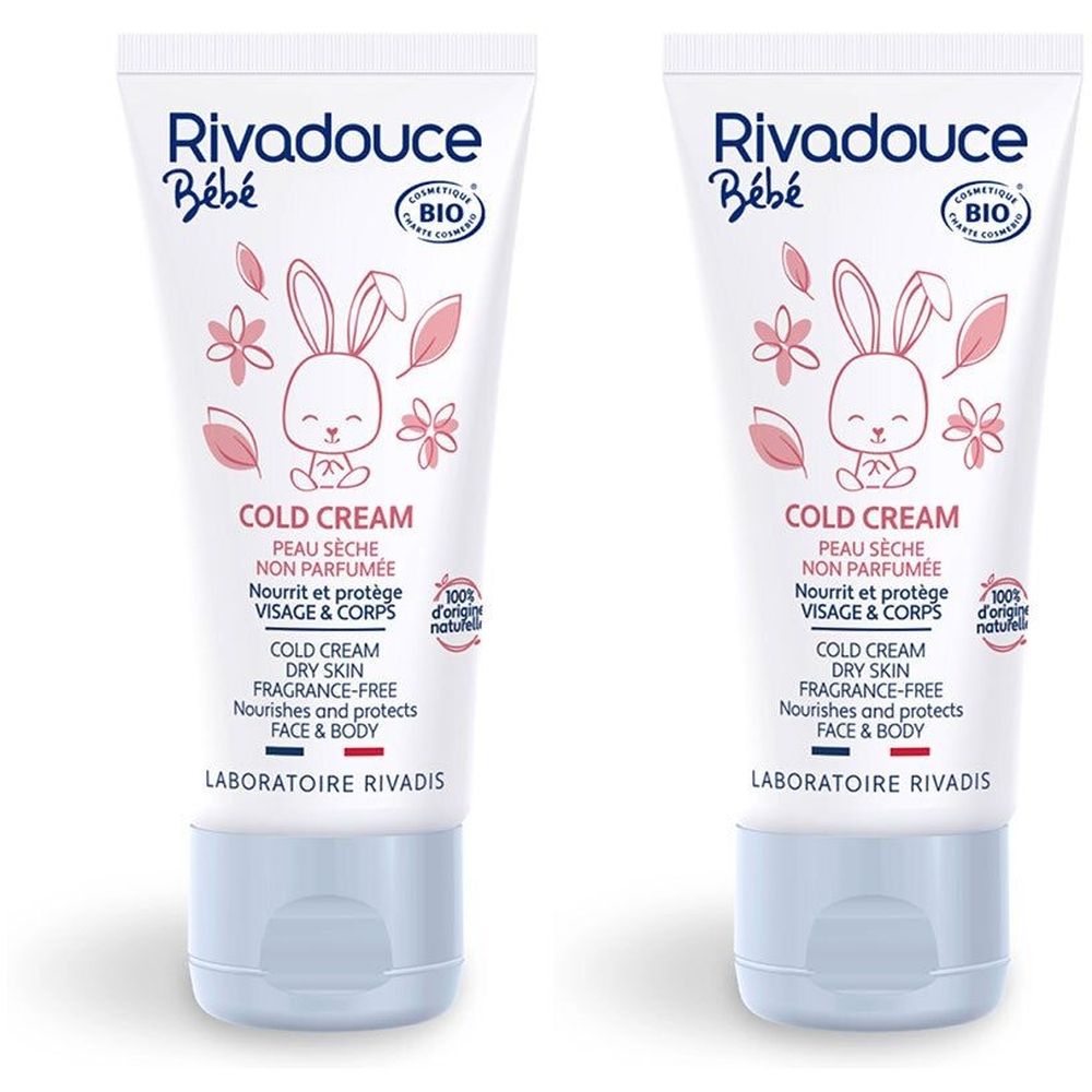 Deux tubes de Rivadouce Bébé Cold Cream. Tubes blancs avec bouchon bleu. Impression avec logo, lapin, fleurs et texte.