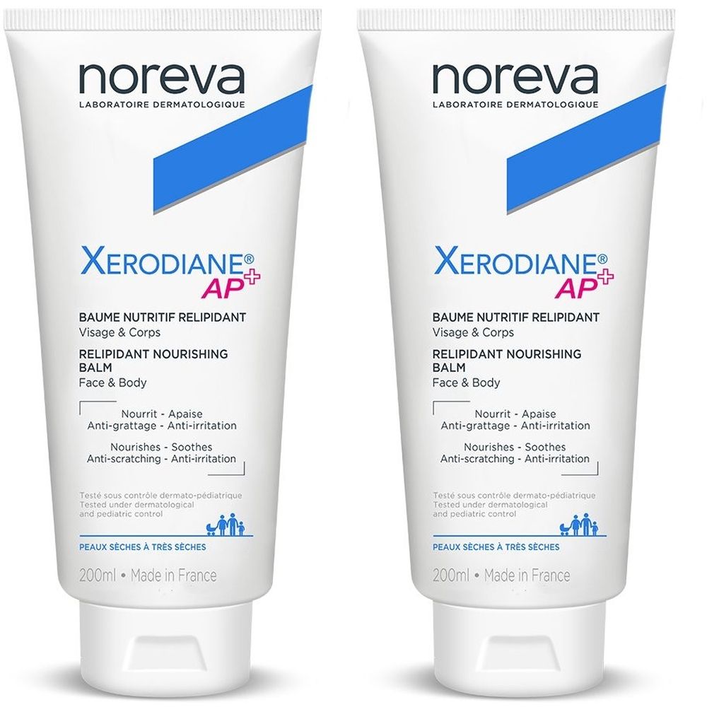 Deux tubes blancs avec texte bleu et blanc. Inscription: Noreva, Xerodiane AP+, Baume Nutritif Relipidant, 200ml. Pour peaux sèches.