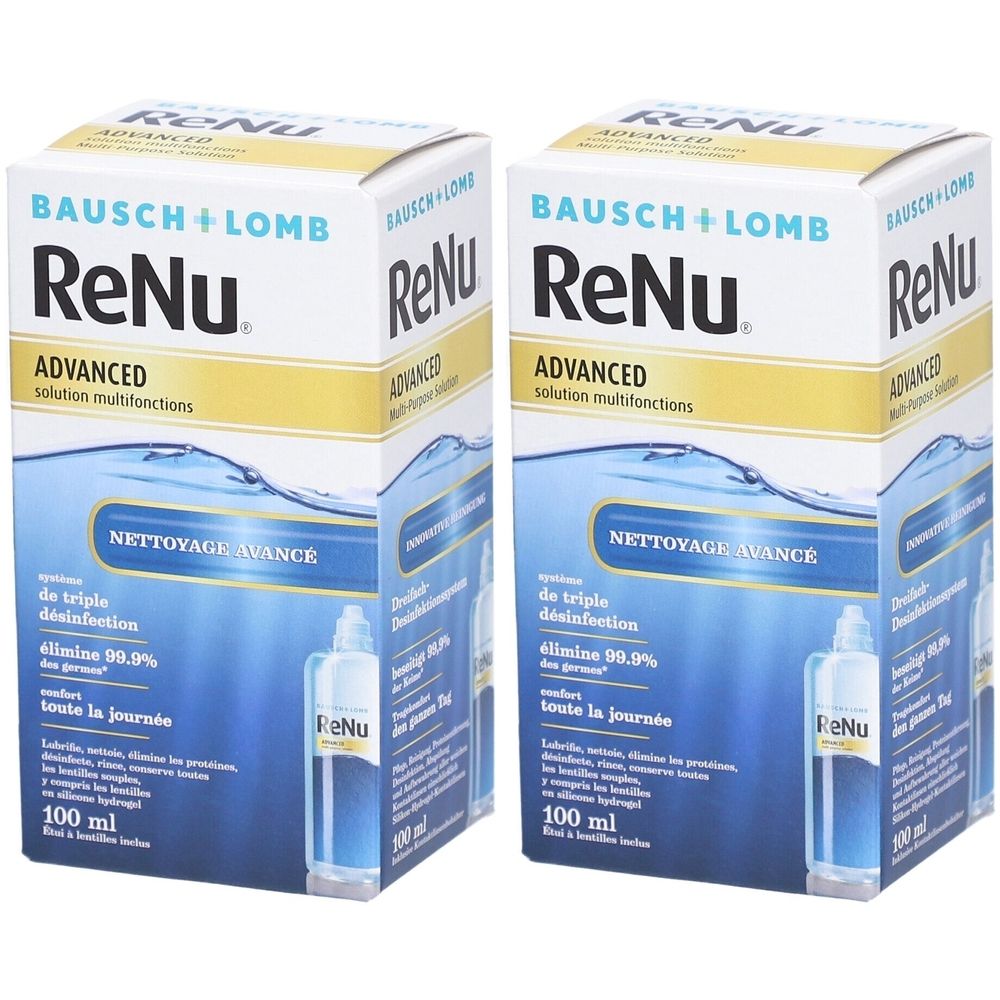 Deux boîtes "ReNu Advanced". Emballage bleu et blanc avec informations produit et logo Bausch + Lomb. Contenance 100 ml.