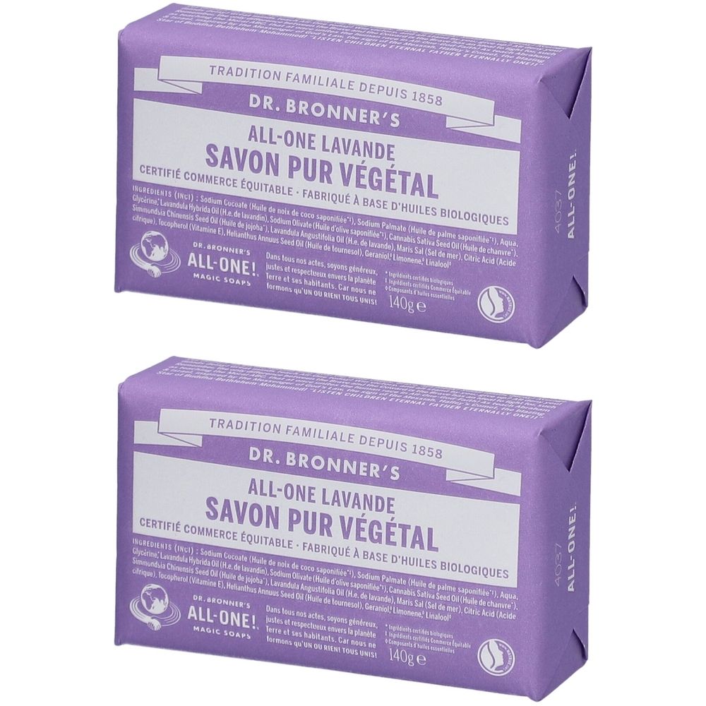 Deux savons violets avec texte blanc. Inscription: DR. BRONNER'S ALL-ONE LAVANDE SAVON PUR VÉGÉTAL. Sceau et texte.