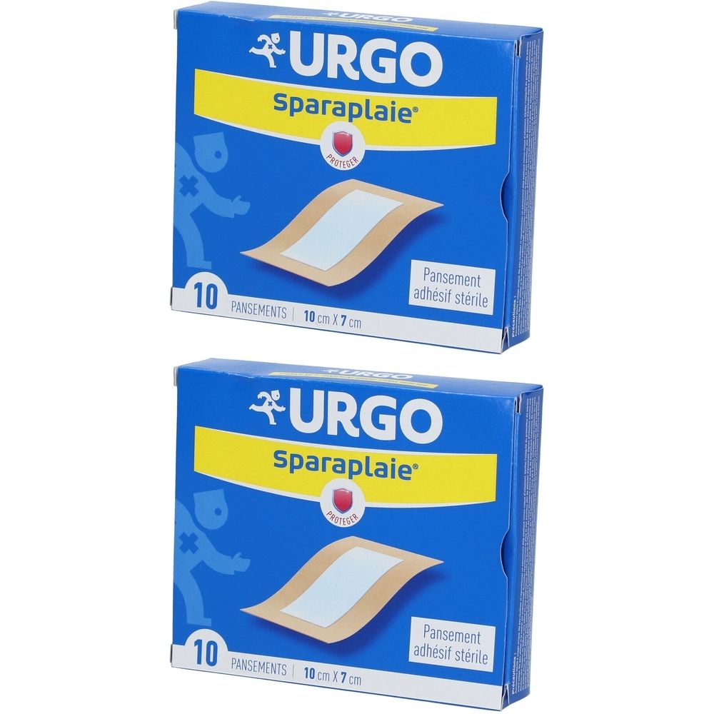 Deux boîtes bleues avec le nom du produit URGO Sparaplaie. Chaque boîte contient 10 pansements de 10 cm x 7 cm.