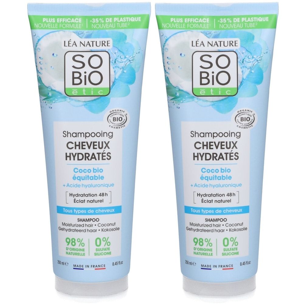 Deux tubes de shampooing SO BIO étic. Emballage bleu clair avec nom du produit et label bio. Texte en français.