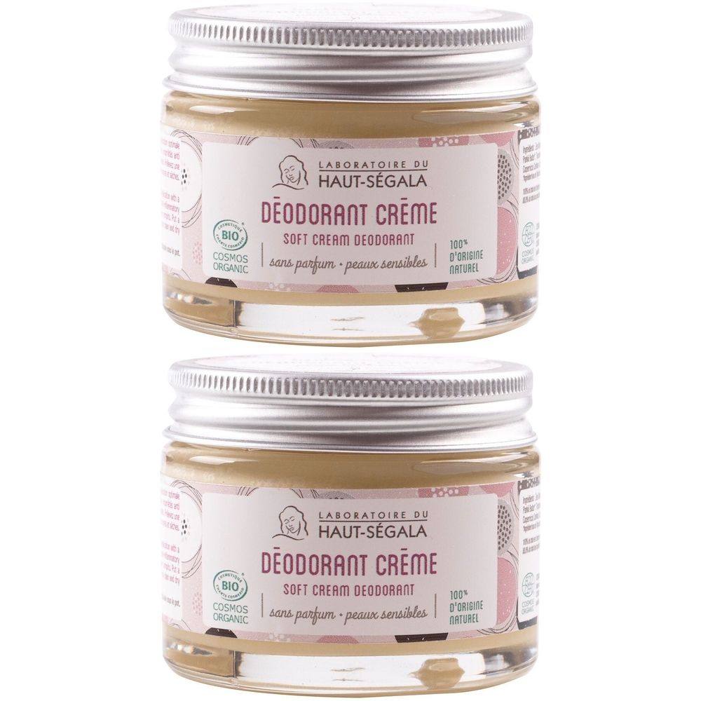Deux pots de crème déodorante. Inscription: Laboratoire du Haut-Ségala, DÉODORANT CRÈME, sans parfum, peau sensibles. Avec certification bio.