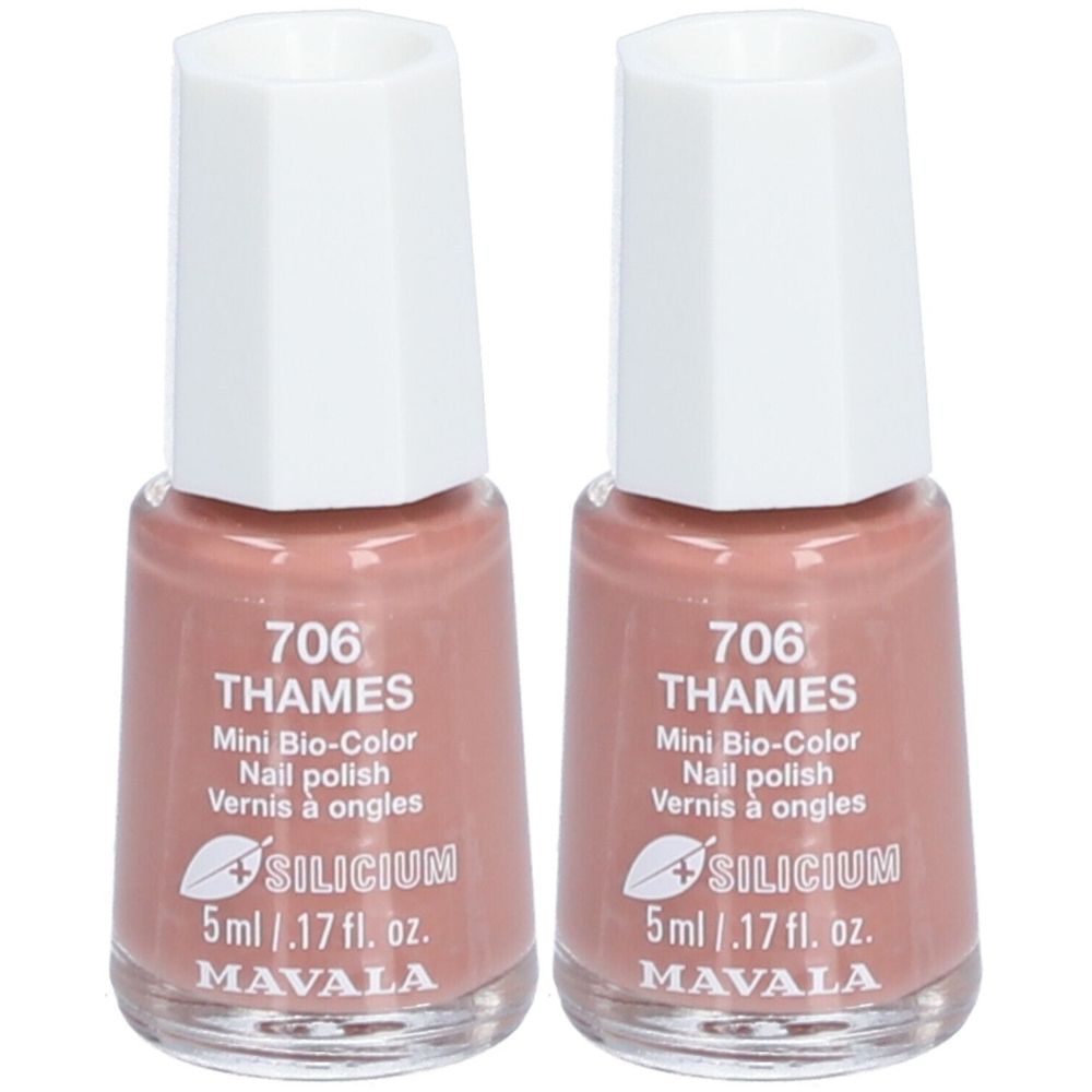 Deux flacons de vernis à ongles rose beige. Inscription: 706 THAMES, Mini Bio-Color, 5ml, SILICIUM, MAVALA.