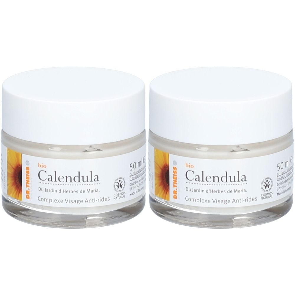 Deux pots de crème avec couvercles blancs. Les étiquettes indiquent "bio Calendula" et "Complexe Visage Anti-rides".