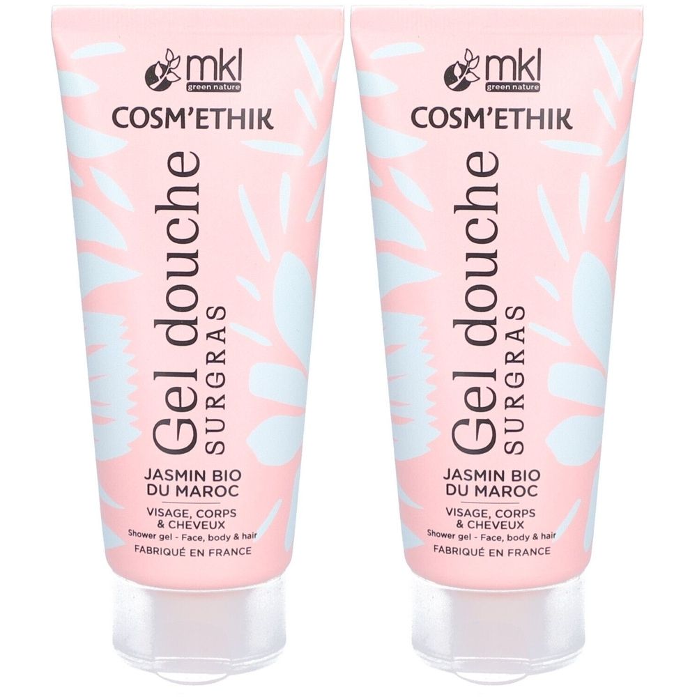Deux tubes de gel douche rose. Inscription : Gel douche, Jasmin Bio du Maroc, Visage, Corps & Cheveux. Marque : mkl Cosm'ethik.