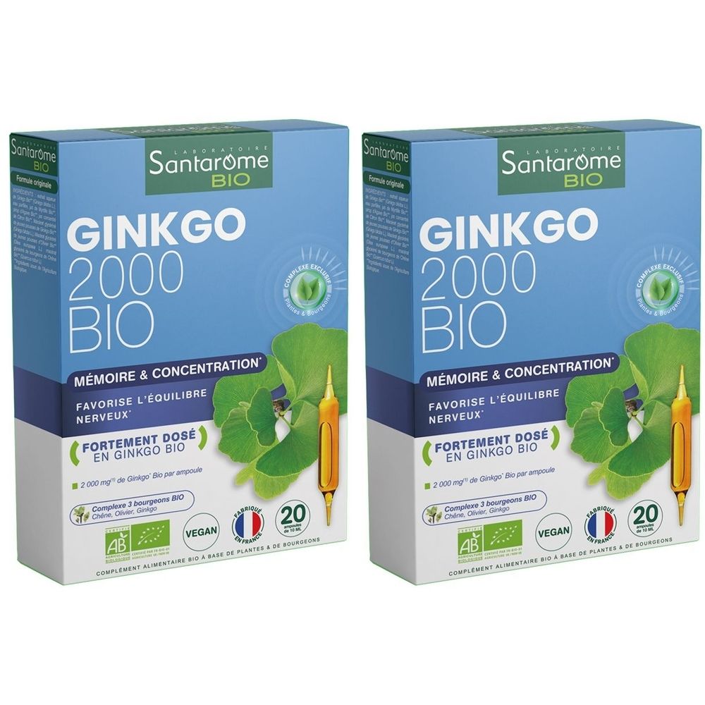 Deux boîtes de SANTAROME BIO Ginkgo 2000. Emballage bleu avec nom du produit, illustration de feuille de ginkgo et 20 ampoules.