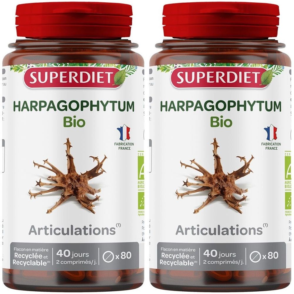 Deux flacons de SUPERDIET Harpagophytum Bio. Flacons bruns avec bouchons rouges. Inscription : Harpagophytum Bio, Articulations, 80 comprimés.