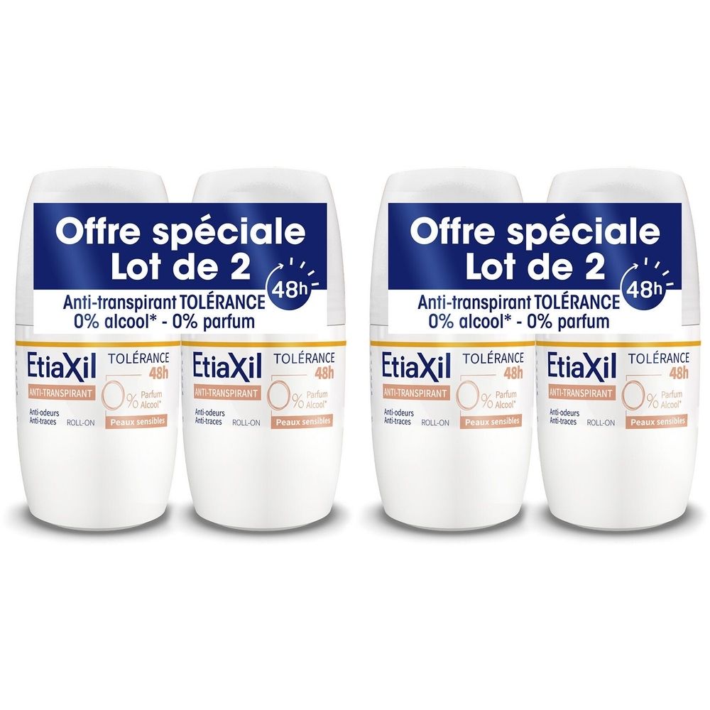 Lot de deux roll-on anti-transpirants. Flacons blancs avec étiquettes bleues et dorées. Texte : Anti-transpirant, 48h, 0% alcool, 0% parfum. Marque Etiaxil.