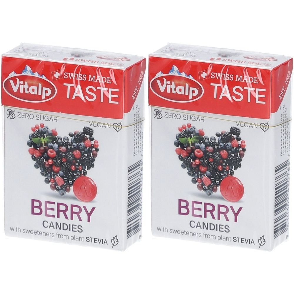 Deux boîtes de bonbons Vitalp. Emballage rouge et blanc avec illustration de cœur de baies. Texte : Berry Candies, Zero Sugar, Vegan.