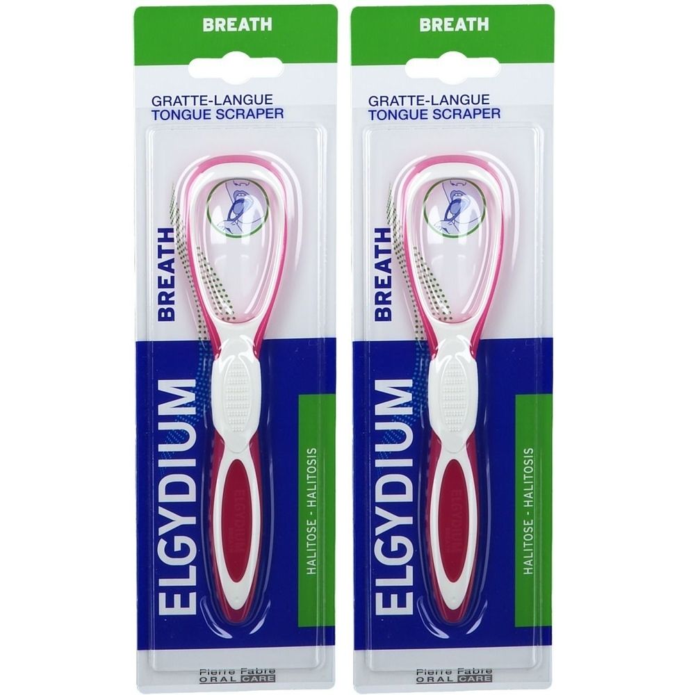 Deux gratte-langues emballés. Manche blanc et rose, attache verte. Marque : Elgydium. Texte : Breath, Gratte-langue Tongue Scraper, Halitose-Halitosis.