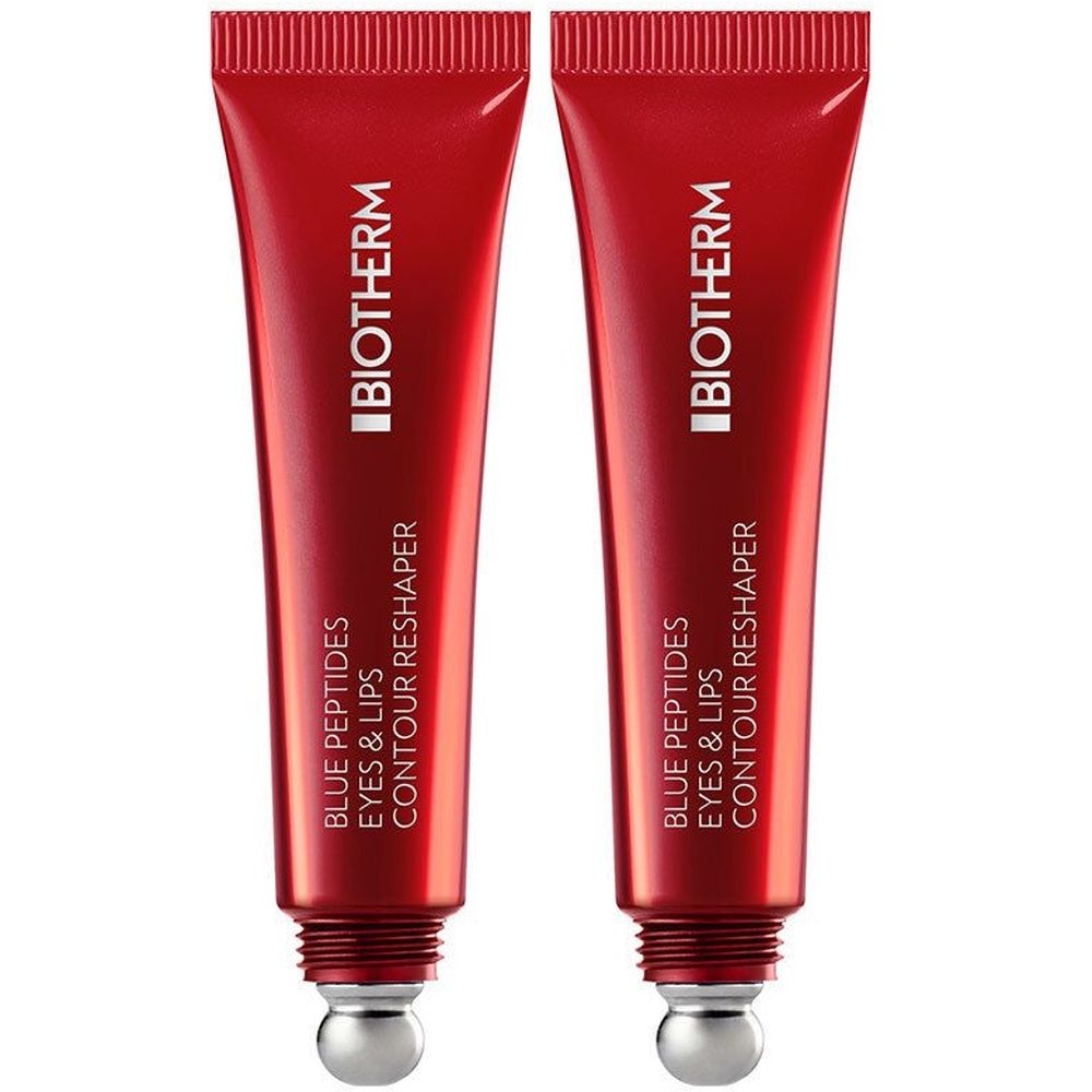 Deux tubes rouges avec applicateurs roll-on argentés. Chaque tube porte la marque "BIOTHERM" et "BLUE PEPTIDES EYES & LIPS CONTOUR RESHAPER".