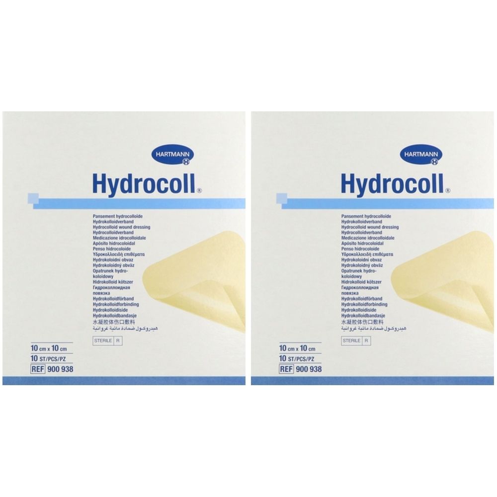 Deux emballages carrés avec le texte "Hydrocoll" et le logo Hartmann. En dessous, une image du produit.