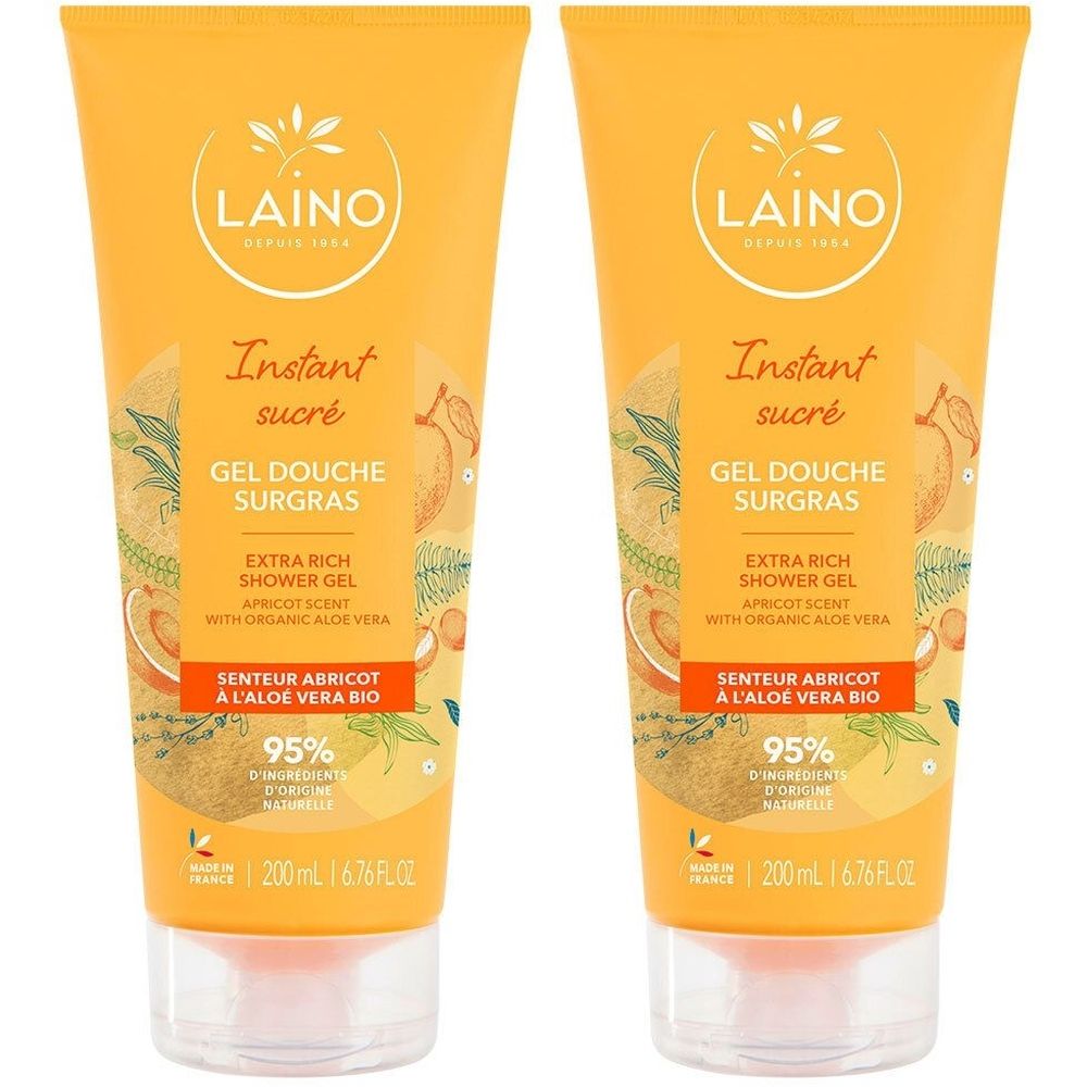 Deux tubes de gel douche. Emballage orange avec informations et logo. Texte: LAINO, Instant sucré, Gel douche surgras, senteur abricot.