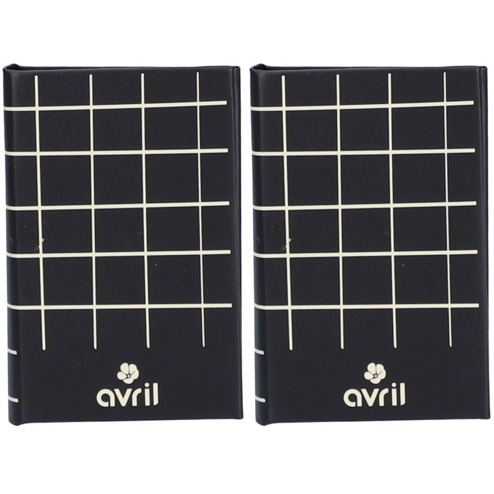 Deux palettes noires avec un motif quadrillé blanc. Le logo "avril" et une fleur sont visibles en bas.