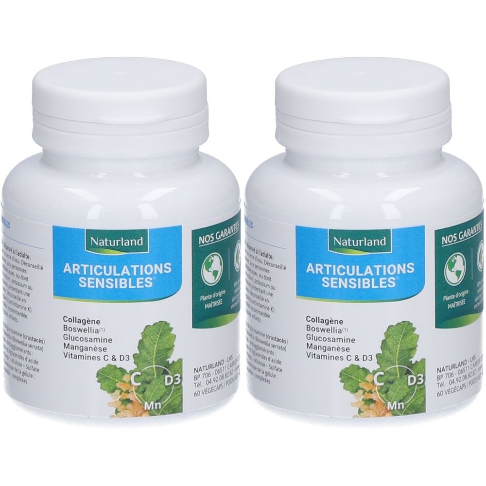 Deux flacons blancs avec étiquettes bleues. On lit "Naturland Articulations Sensibles" sur les étiquettes.