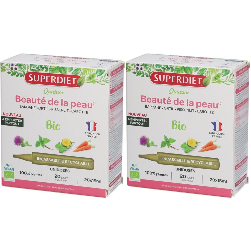 Deux boîtes "Superdiet Quatuor Beauté de la peau bio". Contient des ampoules. Vegan, 100% plantes, Incassable & Recyclable. Fabriqué en France.