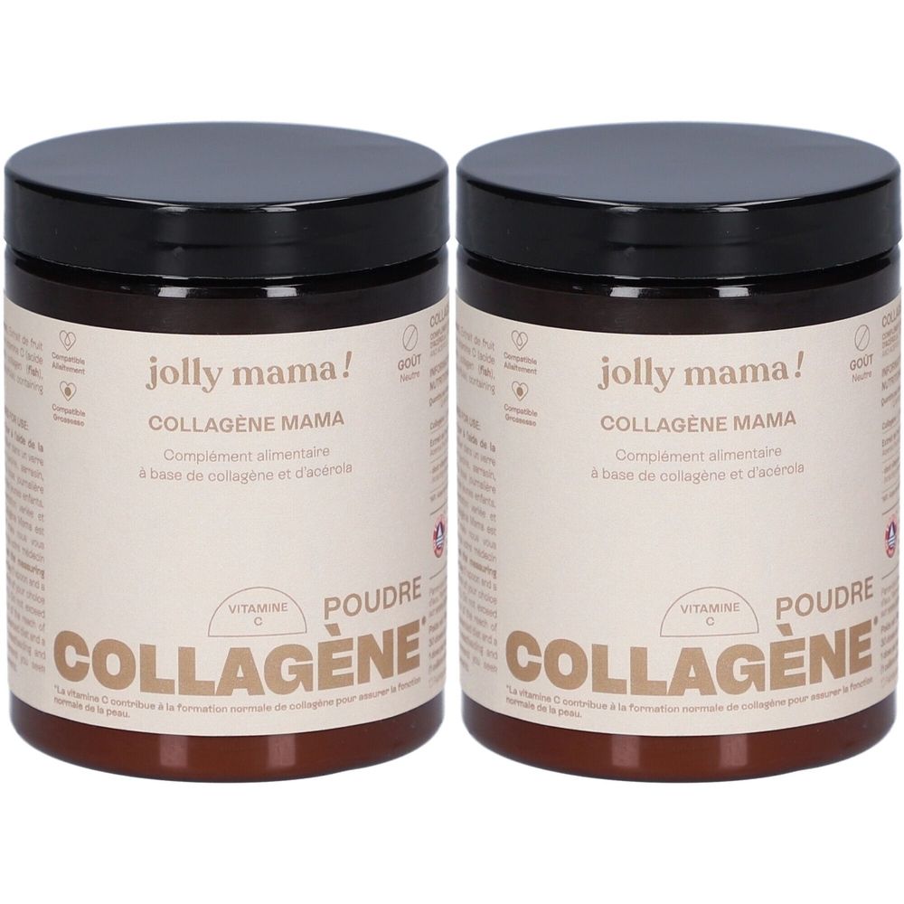 Deux pots bruns avec couvercles noirs. Inscription: JOLLY MAMA Collagène Mama, Collagène Poudre. Complément alimentaire.