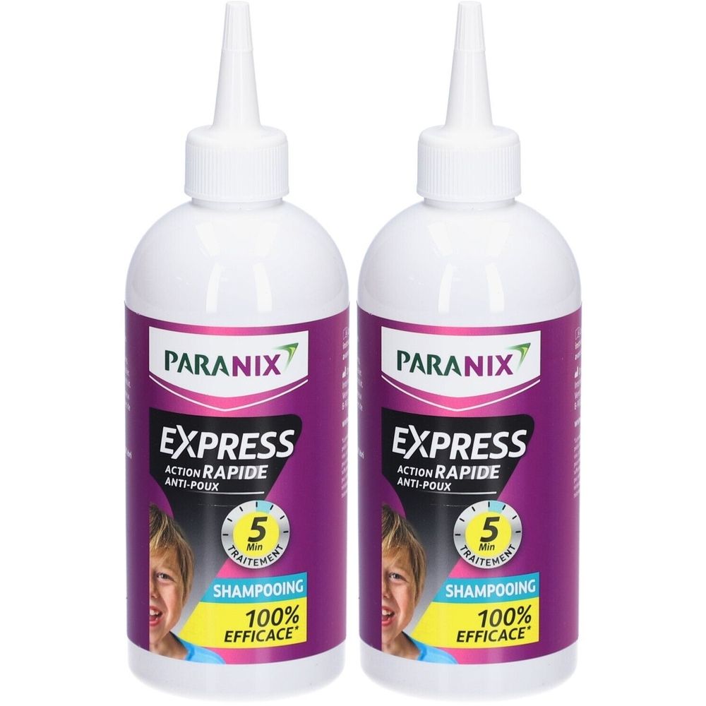 Deux flacons PARANIX Express Anti-Poux. Flacons blancs avec étiquette violette. Inscription: EXPRESS, ACTION RAPIDE, ANTI-POUX, 100% EFFICACE.
