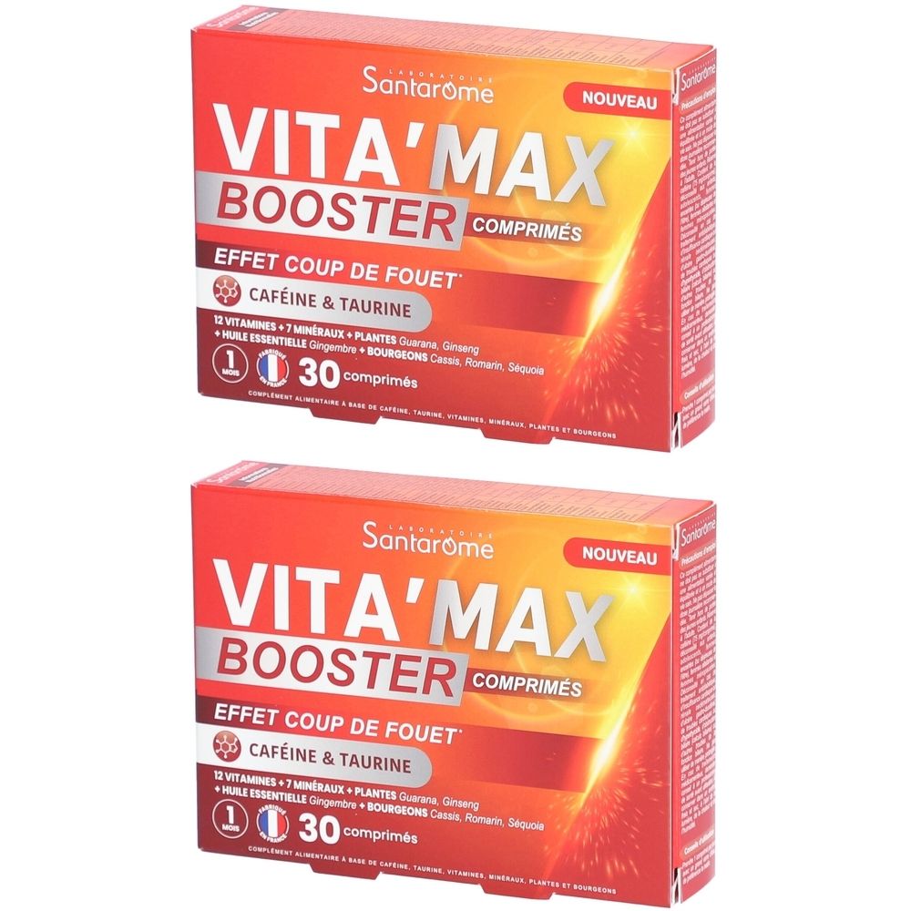 Deux boîtes de Santarome Vita'max Booster. Inscription: Vita'max Booster, Effet Coup de Fouet, Caféine & Taurine. 30 comprimés.