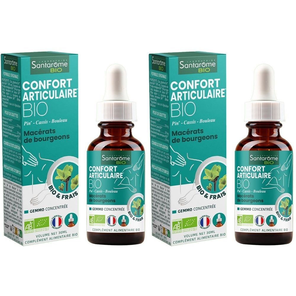 Trois flacons et deux boîtes. Inscription : Confort Articulaire Bio, Macérats de bourgeons. Avec compte-gouttes et emballage vert.