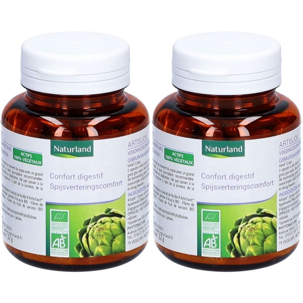 Deux flacons bruns avec bouchons blancs. Étiquettes avec "Naturland", "Confort digestif" et image d'artichaut. Label AB bio.