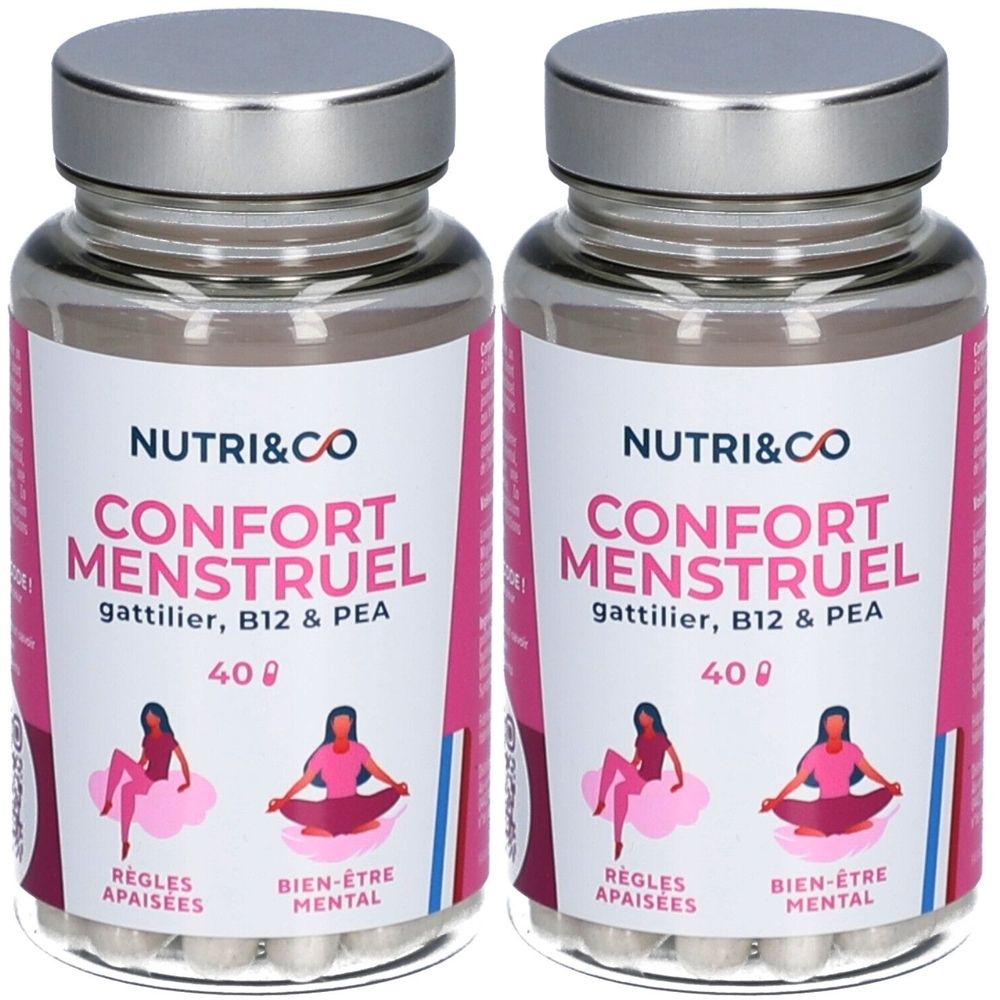 Deux flacons en verre avec couvercles argentés. Inscription: NUTRI&CO, CONFORT MENSTRUEL. Contient 40 gélules. Inscription: gattilier, B12 & PEA.