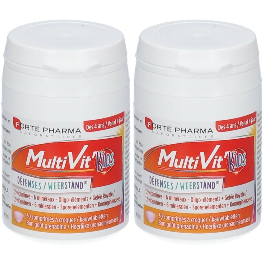 Deux boîtes blanches de MultiVit'Kids Défenses. Inscription : 12 vitamines, 6 minéraux, Gelée Royale. 30 comprimés à croquer.