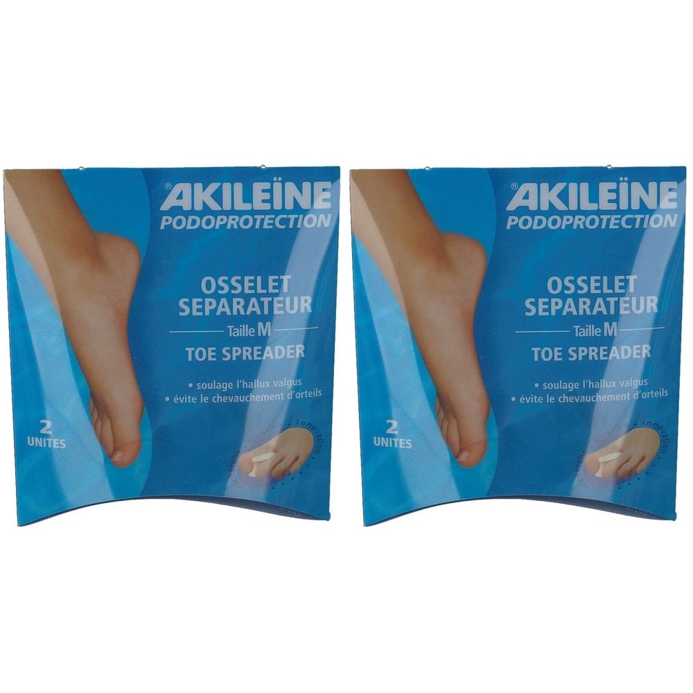Deux emballages d'Akileine Osselet Séparateur taille M. Emballage bleu avec nom du produit et illustration de pied. Contient deux unités.