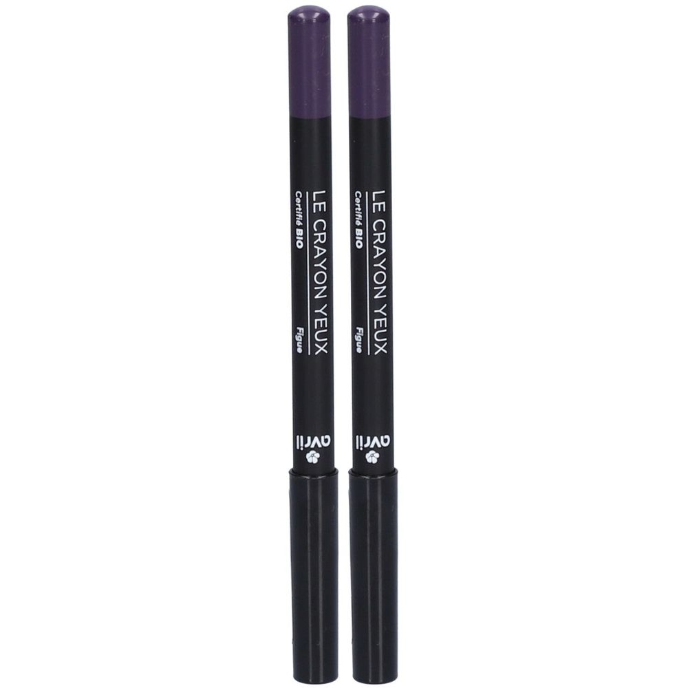 Deux crayons yeux noirs avec capuchons violets. Inscription: LE CRAYON YEUX, Figues, Avril. Certifié BIO.