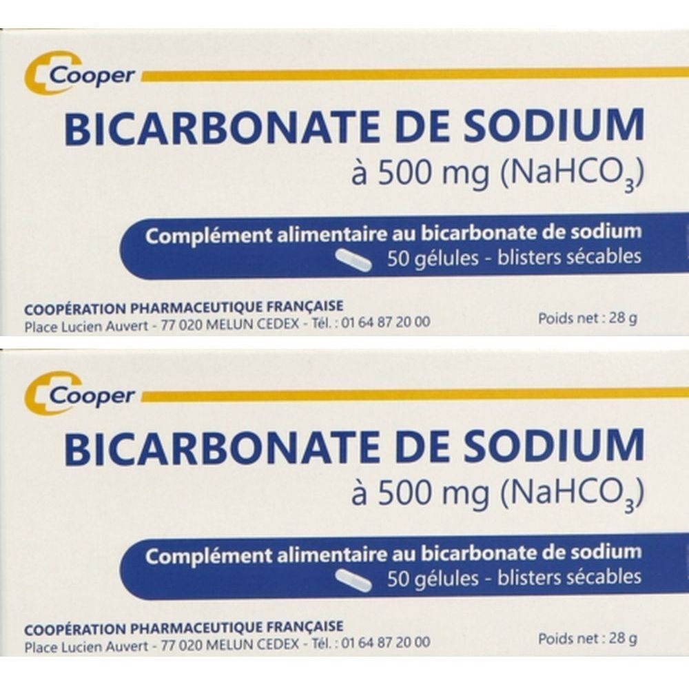 Boîte de « BICARBONATE DE SODIUM » à 500 mg (NaHCO3). Contient 50 gélules. Marque Cooper. Texte en français.