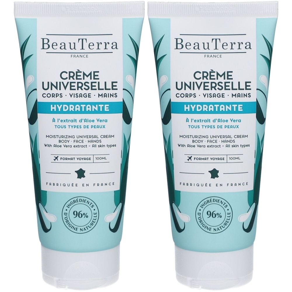 Deux tubes de Crème Universelle Hydratante Beauterra. Inscription : Crème Universelle, Hydratante, Aloe Vera. Emballage avec 96% d'ingrédients naturels.