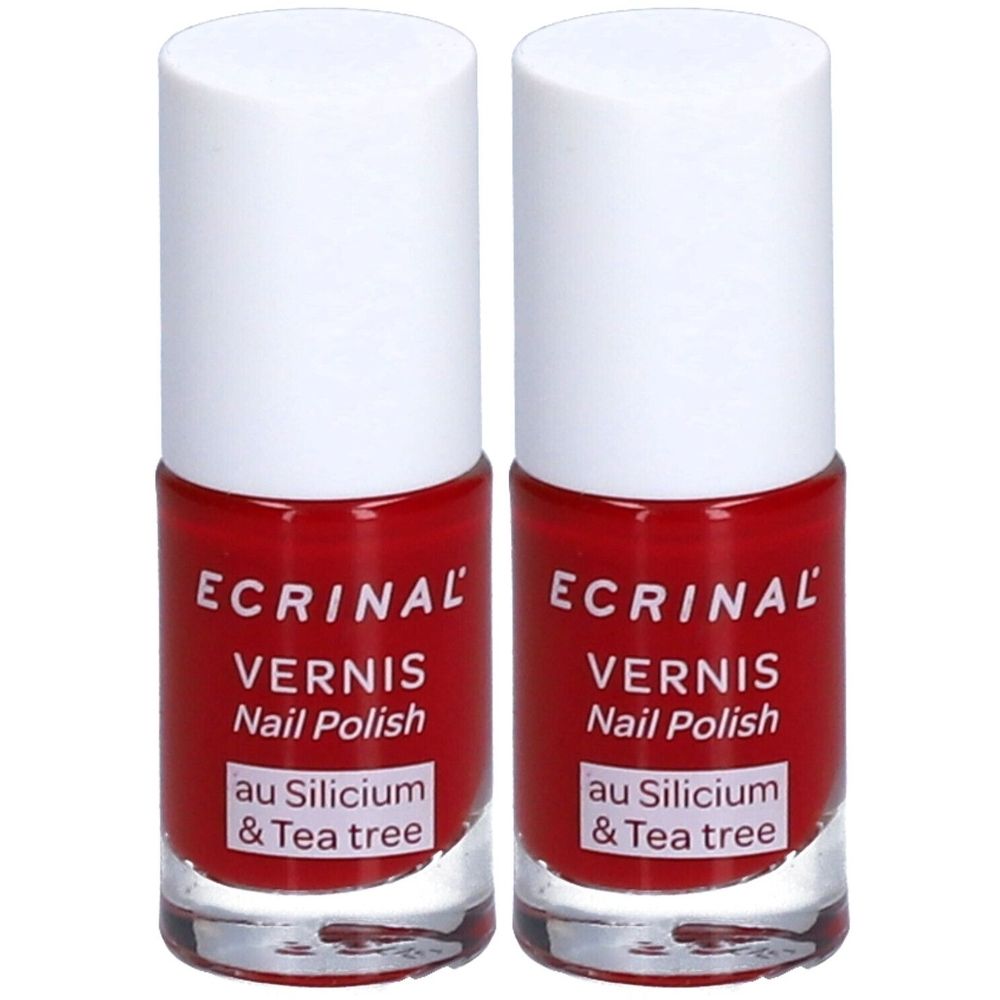 Deux flacons de vernis à ongles rouges avec bouchons blancs. Inscription : ECRINAL, Vernis Nail Polish, au Silicium & Tea tree.