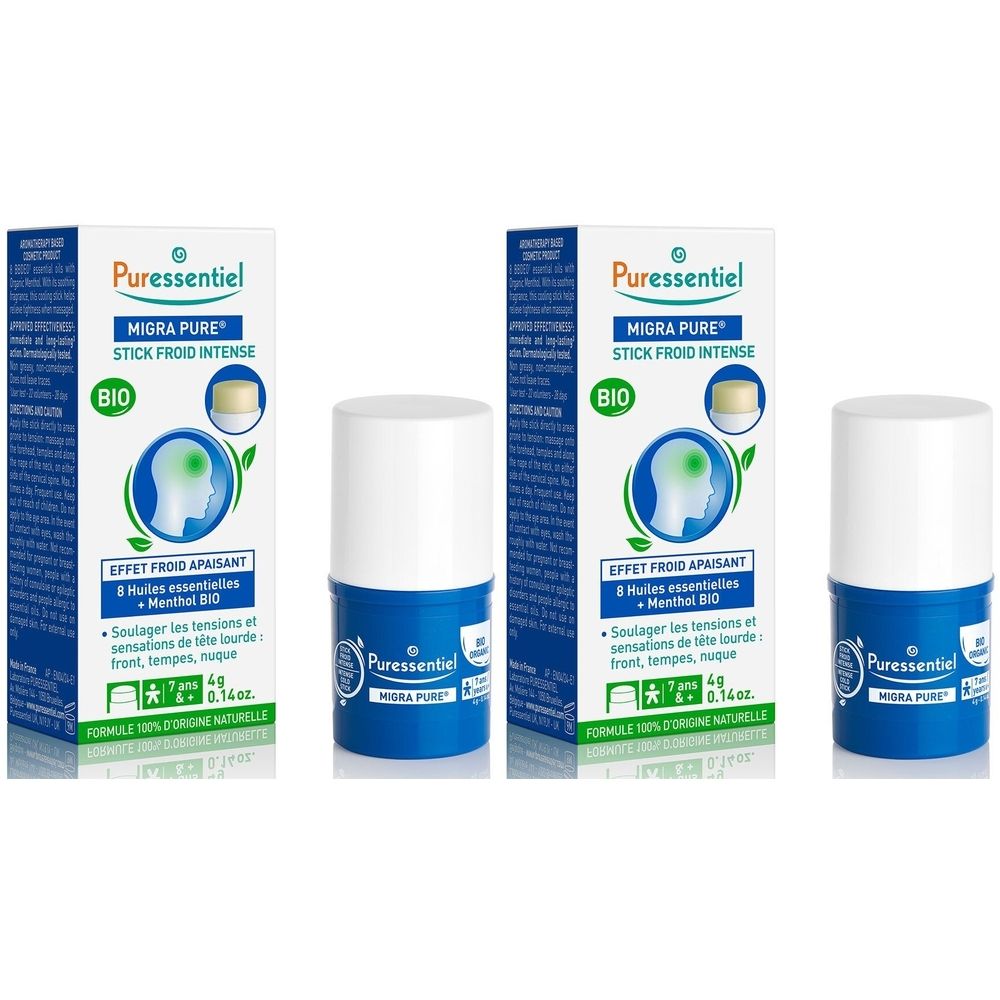 Deux sticks roll-on bleus et deux boîtes. Inscription: Puressentiel Migra Pure Stick Froid Intense. Certification Bio.