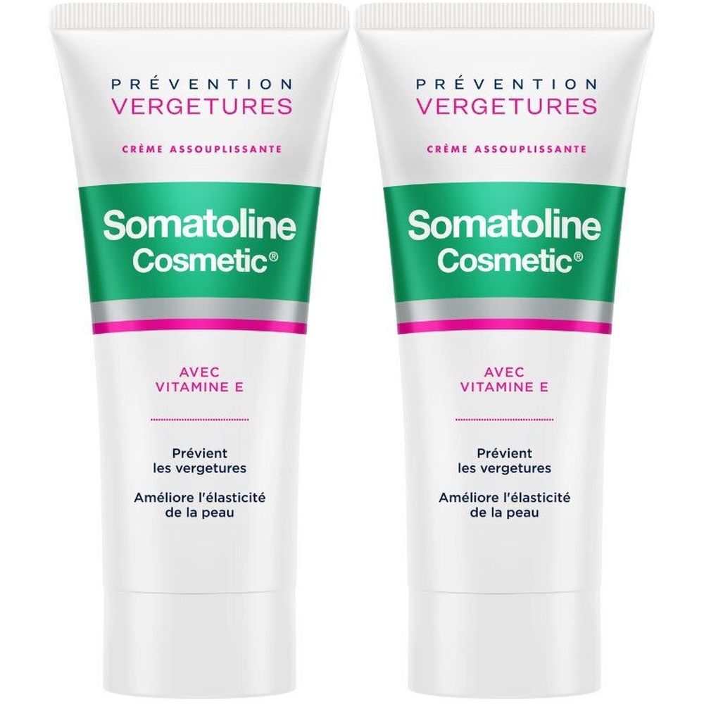 Deux tubes de crème Somatoline Cosmetic®. Blanc, avec des accents verts et roses. Texte: Prévention Vergetures, Avec Vitamine E.