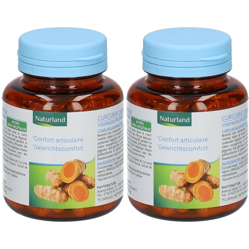 Deux flacons bruns avec des couvercles bleu clair. Les étiquettes indiquent Naturland et Confort articulaire/Gewrichtscomfort. Illustration de curcuma.