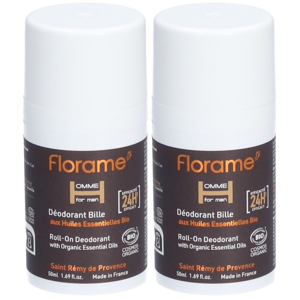 Deux déodorants roll-on. Bouchon blanc, étiquettes marron avec texte. Marque Florame, nom du produit Déodorant Bille, pour hommes. Certification bio.