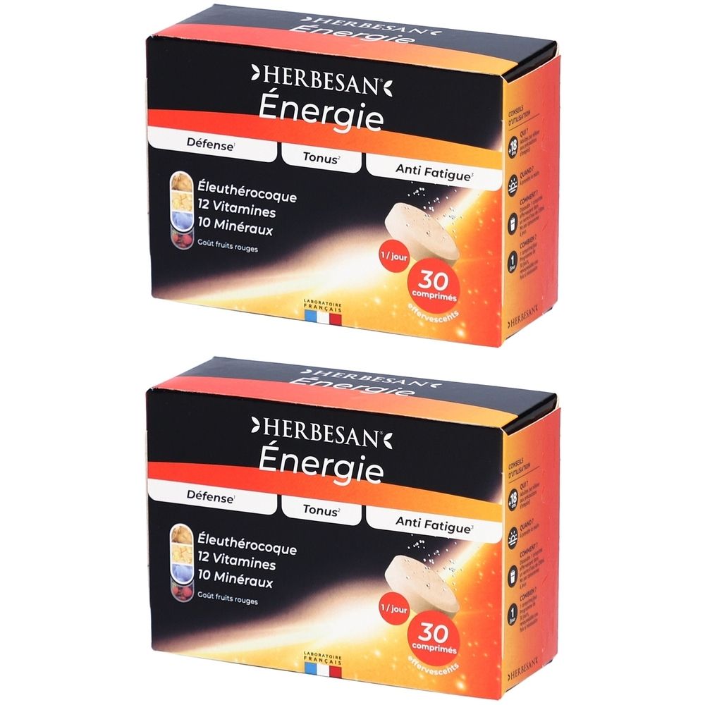 Deux boîtes de Herbesan Énergie. Inscription : Défense, Tonus, Anti Fatigue. Contient 12 vitamines, 10 minéraux, 30 comprimés.