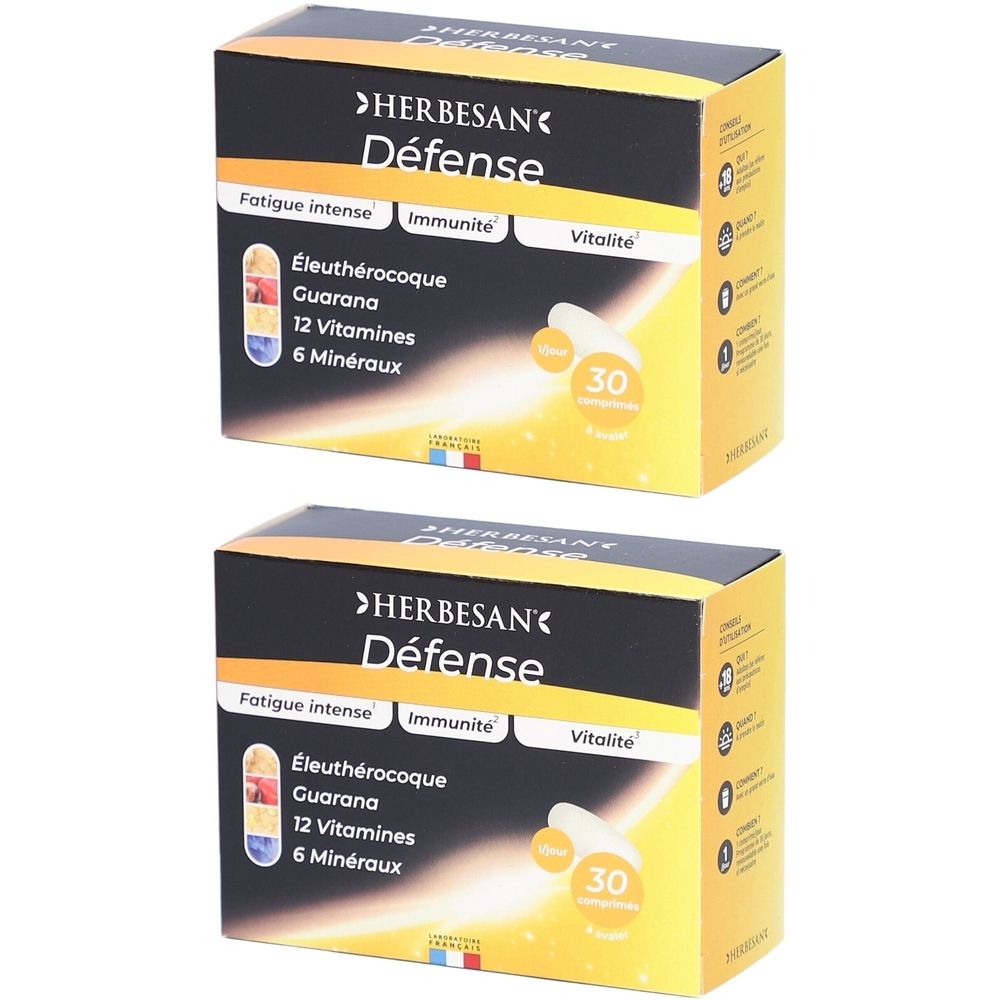 Deux boîtes Herbesan Défense. Emballage noir et jaune avec informations produit et 30 comprimés.