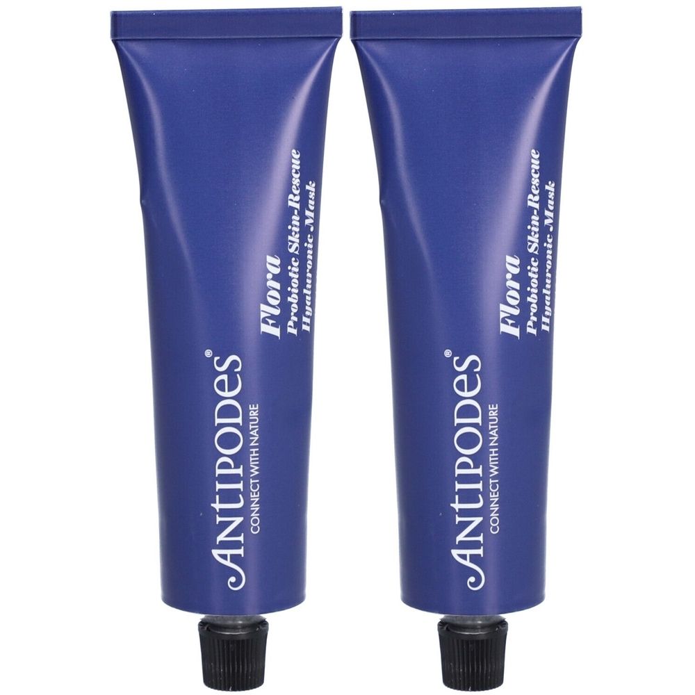 Deux tubes bleus avec bouchons noirs. Chaque tube porte les inscriptions "ANTIPODES" et "Flora Probiotic Skin-Rescue Hyaluronic Mask".